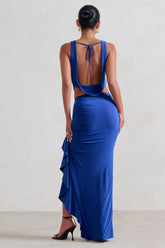 Blue Ruffle Maxi Skirt With Thigh Split